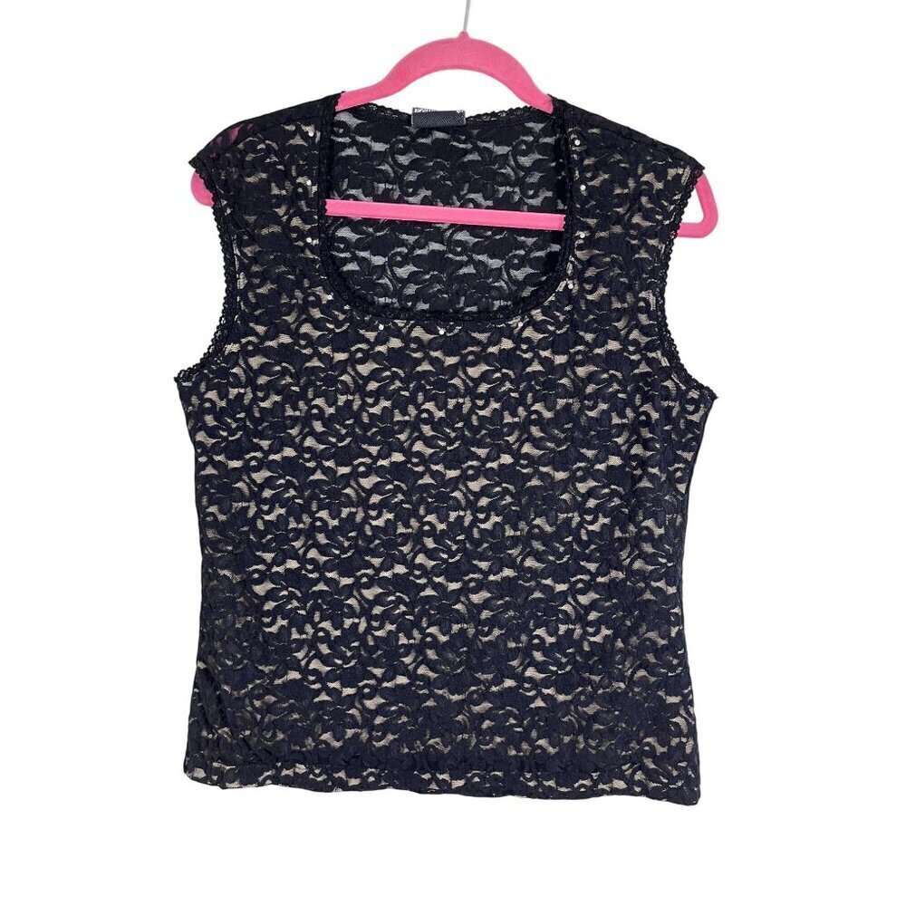 Retro Floral Top M Black Lace Boho Western Indie Rhinestone 80s Preppy Chic 90s